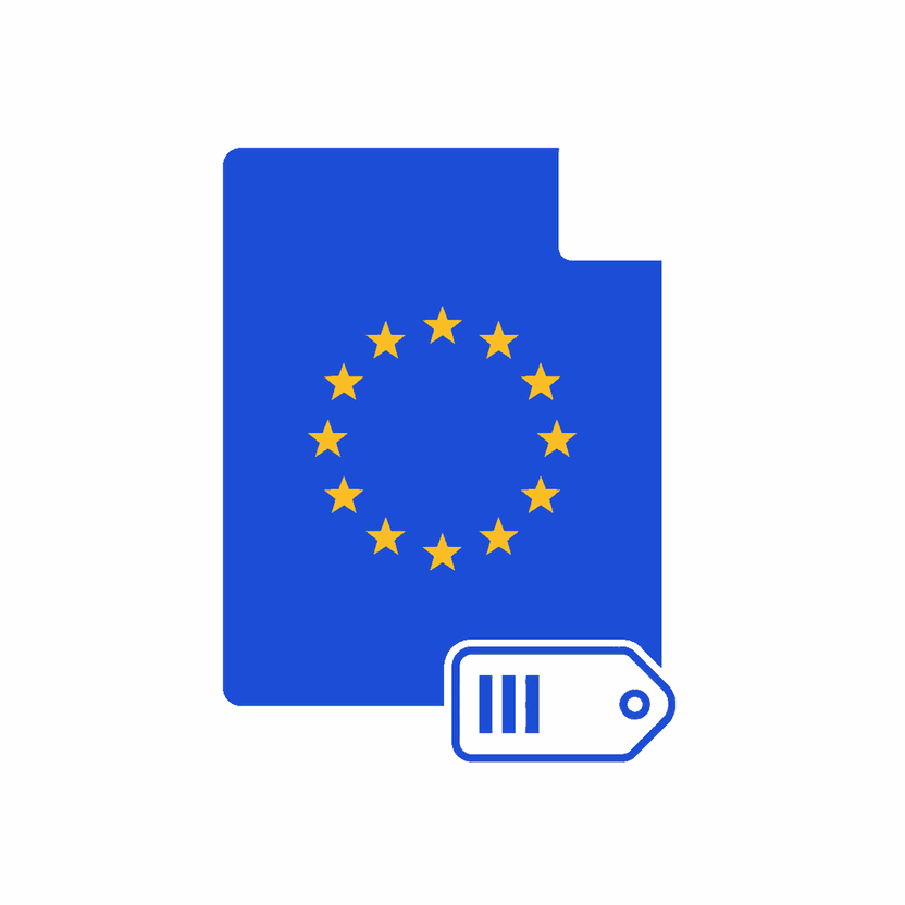 A blue document with the EU circle of stars and an attached label tag — AI-generated content that the law requires to be marked